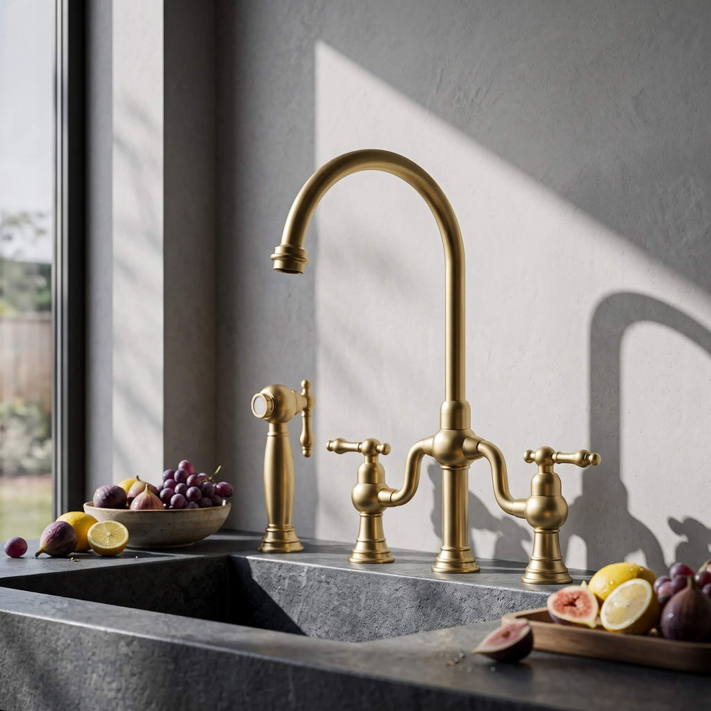 4-Hole Bridge Kitchen Faucet with Pull-Out Side Sprayer 360° Swivel high-arch Spout