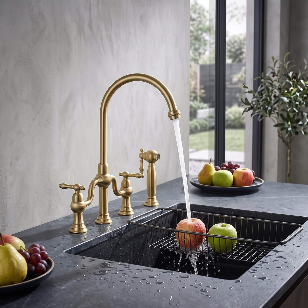 4-Hole Bridge Kitchen Faucet with Pull-Out Side Sprayer 360° Swivel high-arch Spout