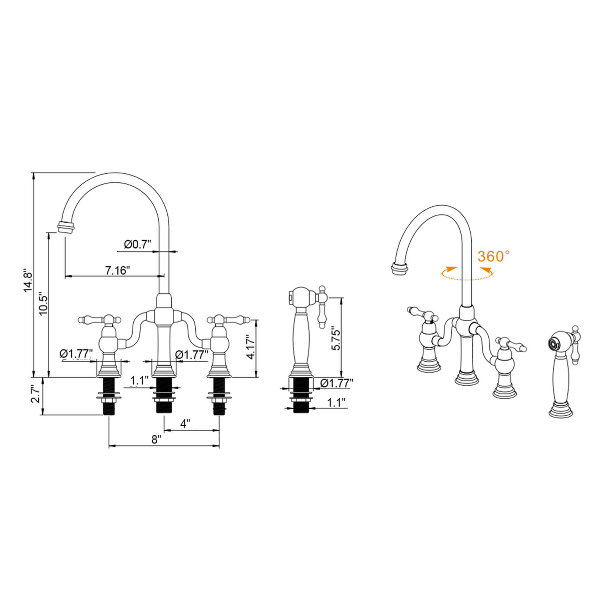 4-Hole Bridge Kitchen Faucet with Pull-Out Side Sprayer 360° Swivel high-arch Spout