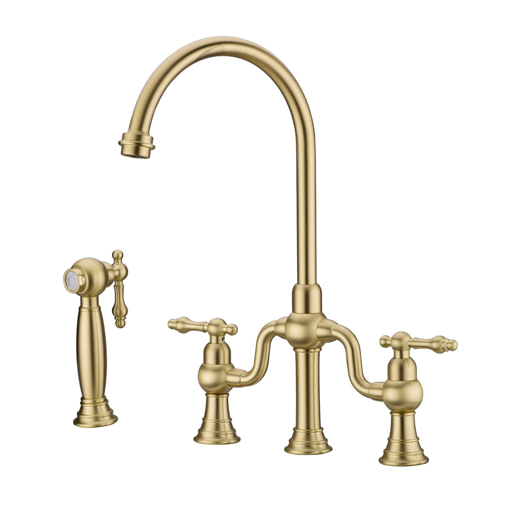 4-Hole Bridge Kitchen Faucet with Pull-Out Side Sprayer 360° Swivel high-arch Spout