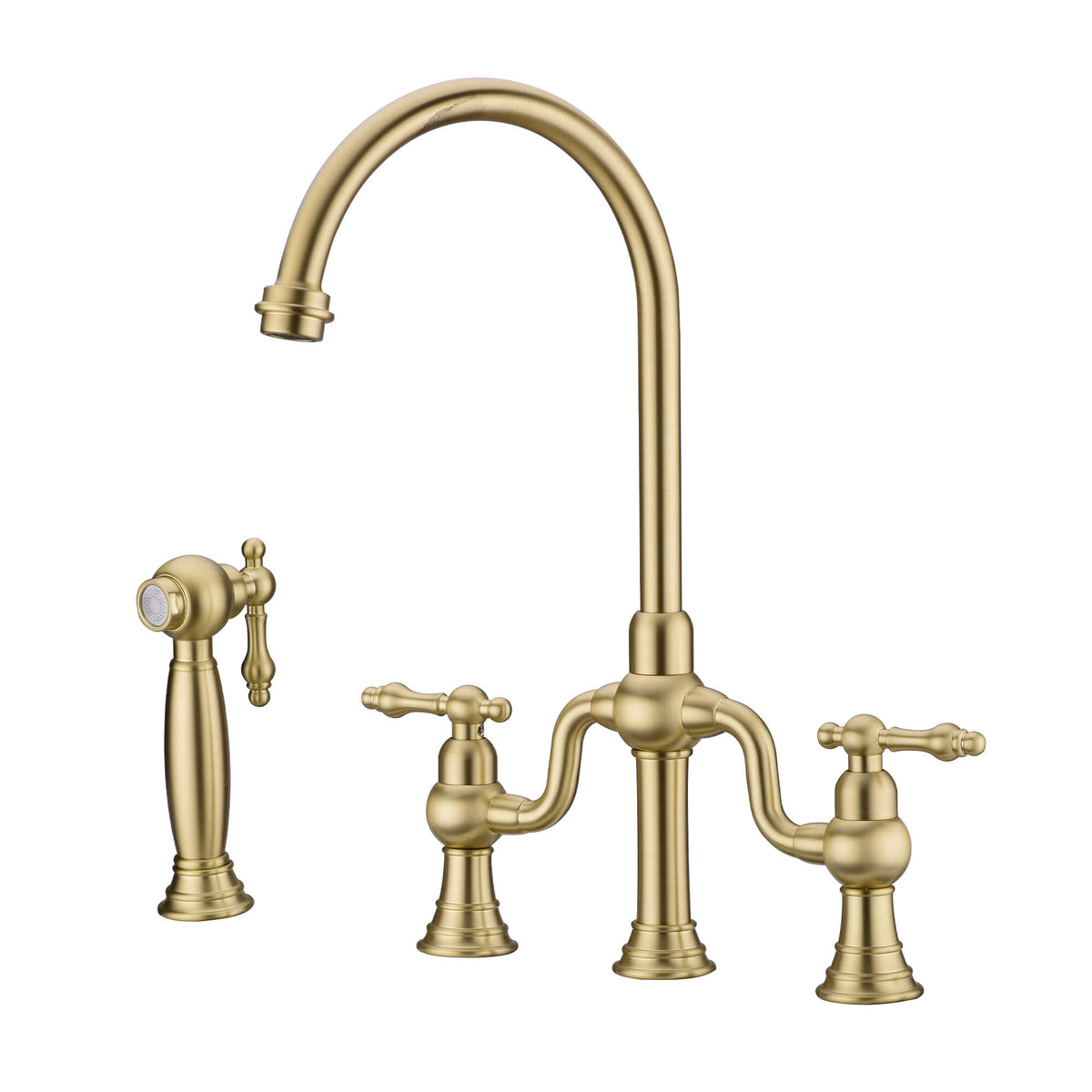 4-Hole Bridge Kitchen Faucet with Pull-Out Side Sprayer 360° Swivel high-arch Spout