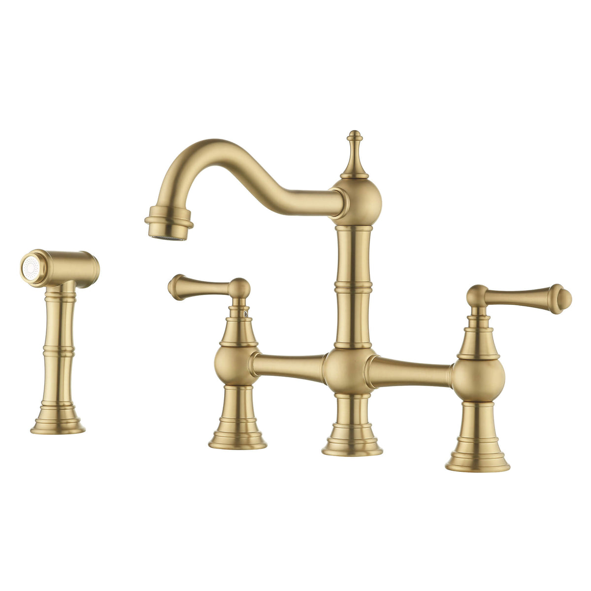 4-Hole Bridge Kitchen Faucet with 360° Swivel Curved Spout Pull-Out Side Sprayer