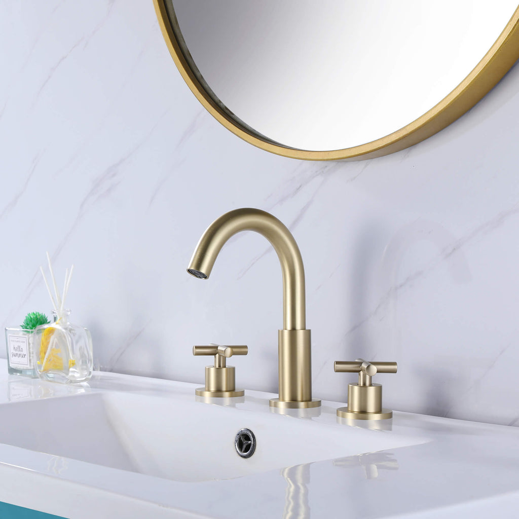 8" Spread 3-Hole Brass Bathroom Faucet - 360° Gooseneck Spout Dual Cross Handles