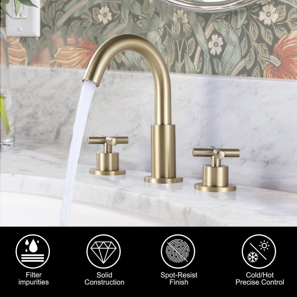 8" Spread 3-Hole Brass Bathroom Faucet - 360° Gooseneck Spout Dual Cross Handles