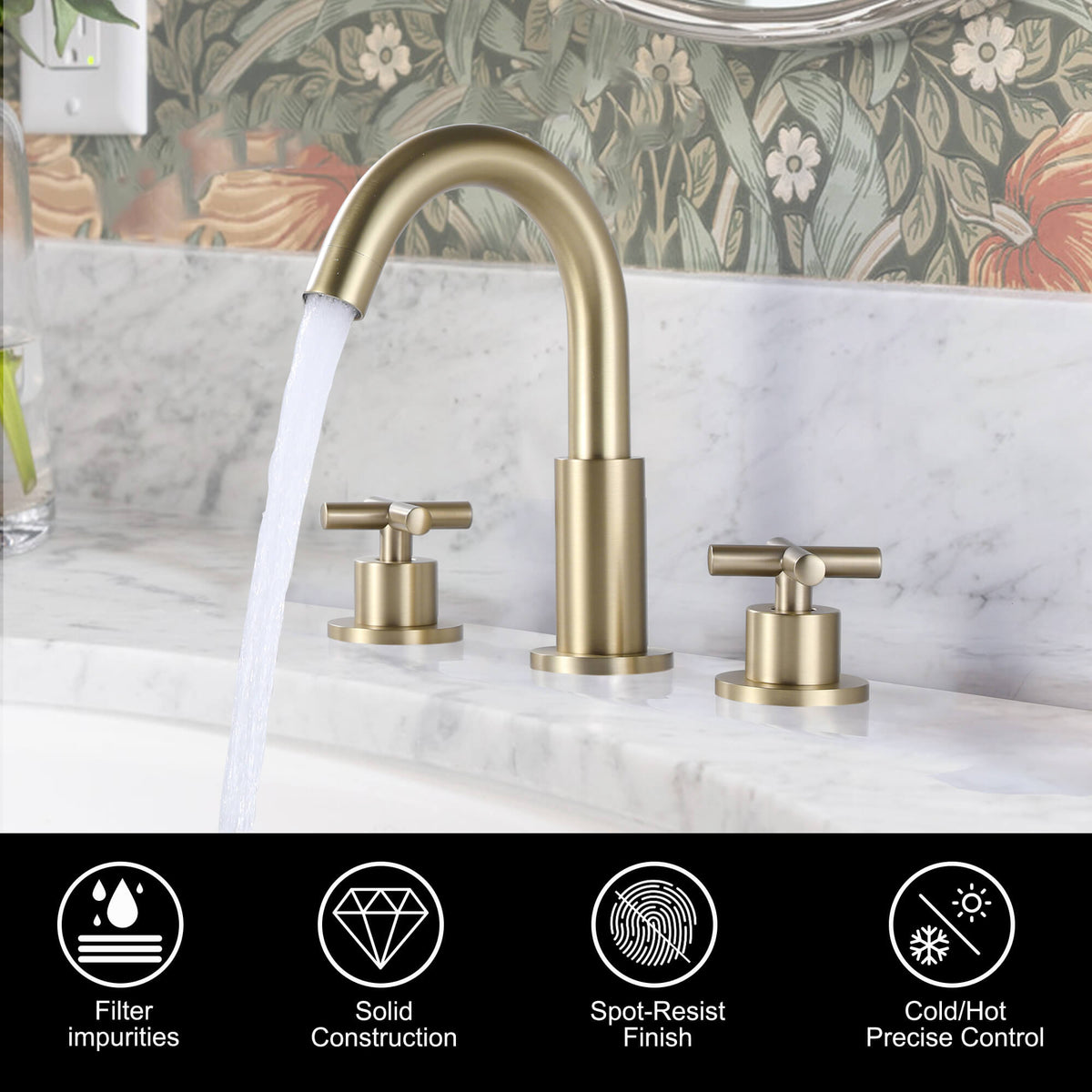 8" Spread 3-Hole Brass Bathroom Faucet - 360° Gooseneck Spout Dual Cross Handles