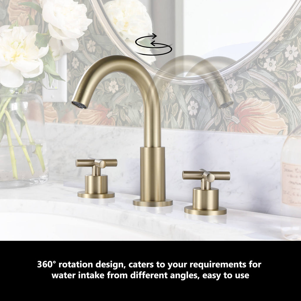 8" Spread 3-Hole Brass Bathroom Faucet - 360° Gooseneck Spout Dual Cross Handles