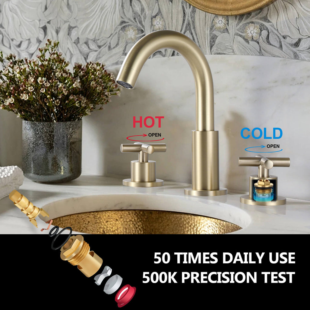 8" Spread 3-Hole Brass Bathroom Faucet - 360° Gooseneck Spout Dual Cross Handles