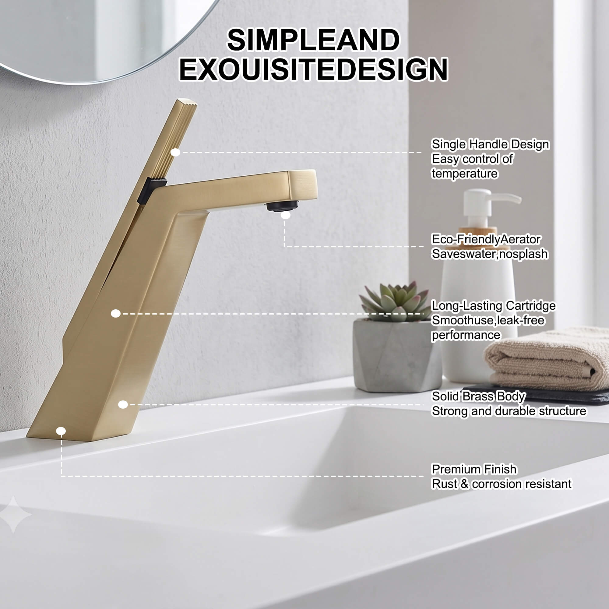 Brass Modern Single-Hole Bathroom Sink Faucet with 5° Angled Spout
