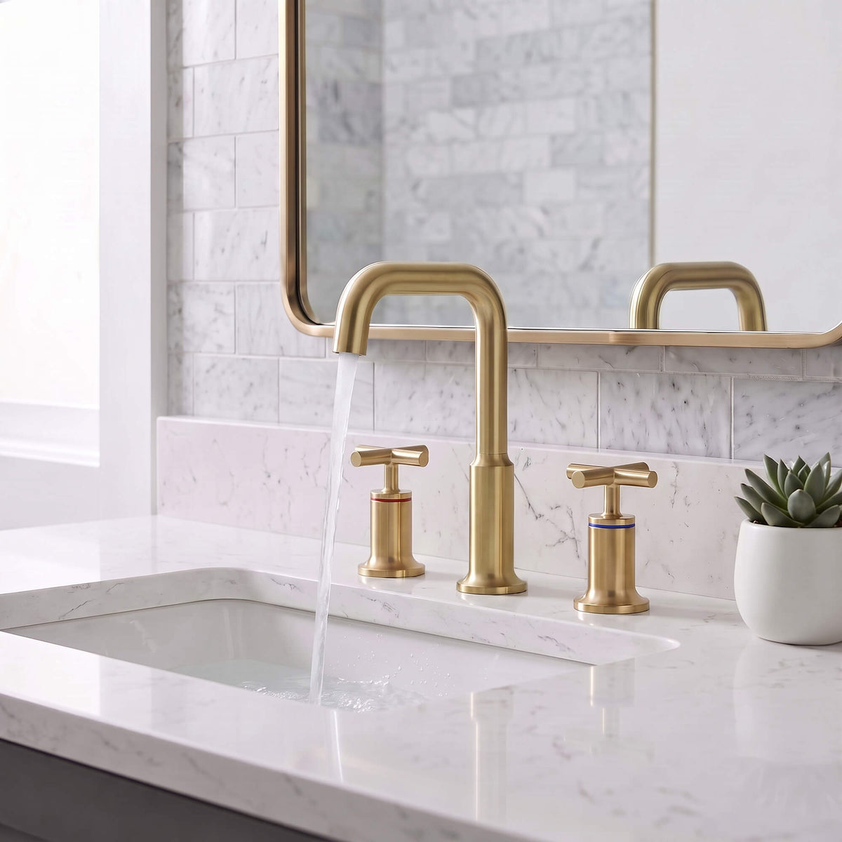 Brass Raised-Arch Widespread Bathroom Faucet with Cross Handles