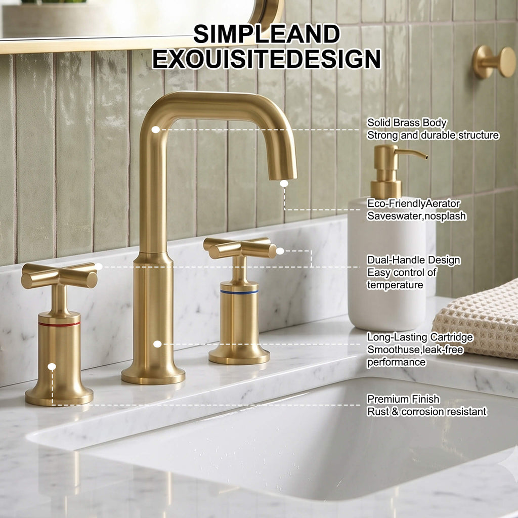 Brass Raised-Arch Widespread Bathroom Faucet with Cross Handles