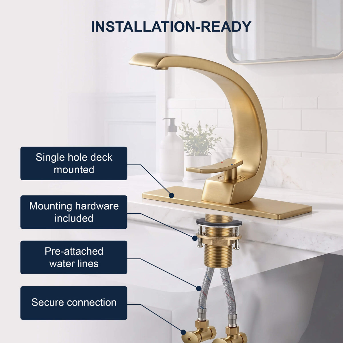 7.68" Brass Single Hole Single Lever Handle Bathroom Sink Faucet with Curved Spout
