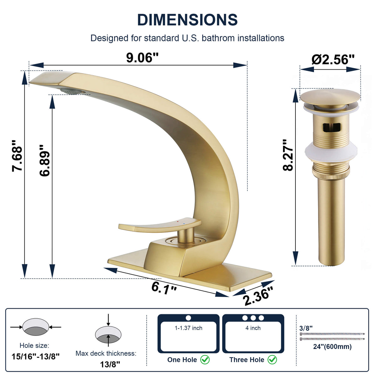 7.68" Brass Single Hole Single Lever Handle Bathroom Sink Faucet with Curved Spout