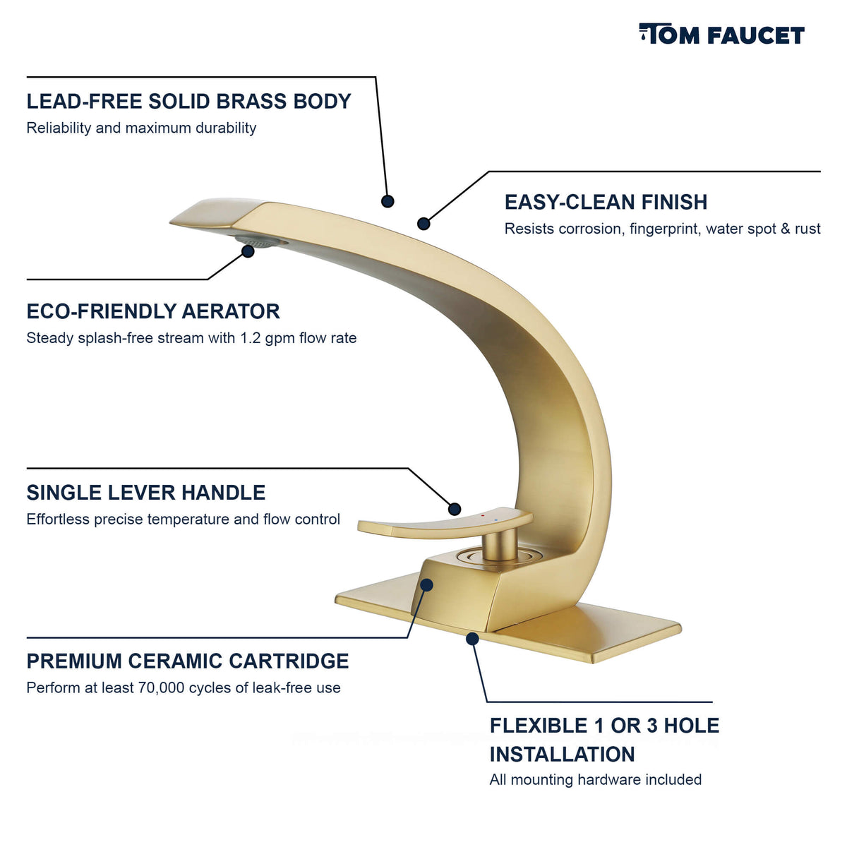 7.68" Brass Single Hole Single Lever Handle Bathroom Sink Faucet with Curved Spout