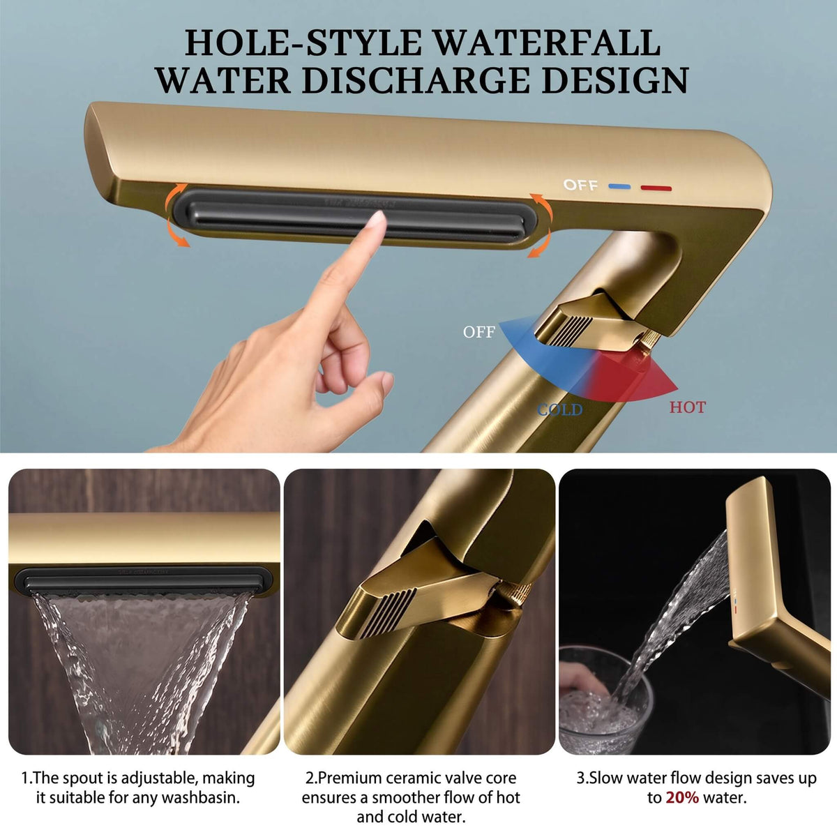 6.2" H Brass Single Hole Waterfall Bathroom Sink Faucet
