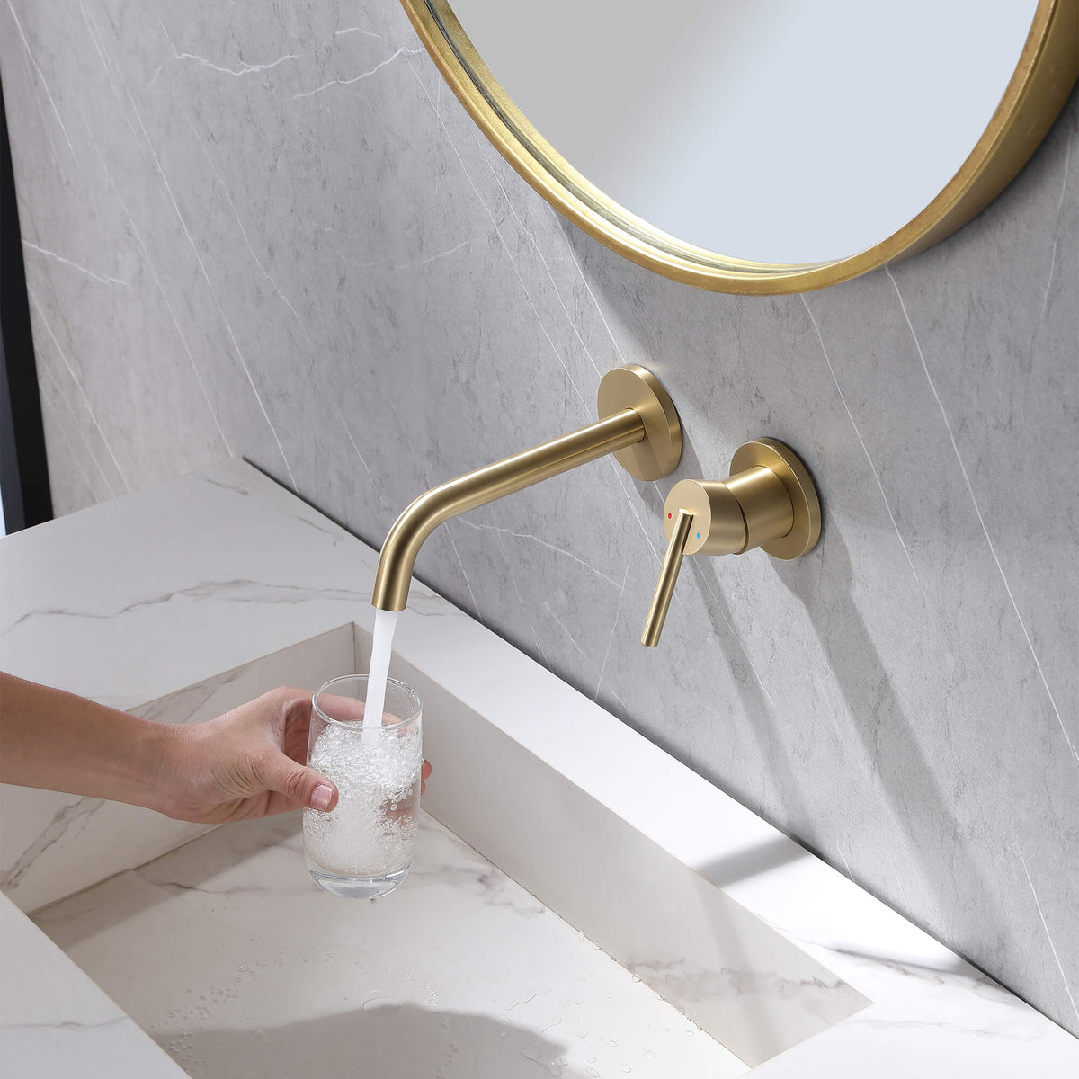 Wall-Mount Two Hole Bathroom Sink Faucet Brass Mixer with Angle Spout
