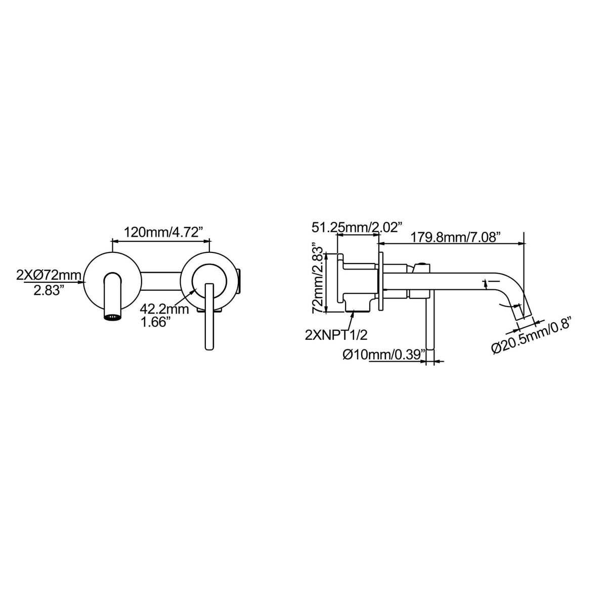 Wall-Mount Two Hole Bathroom Sink Faucet Brass Mixer with Angle Spout
