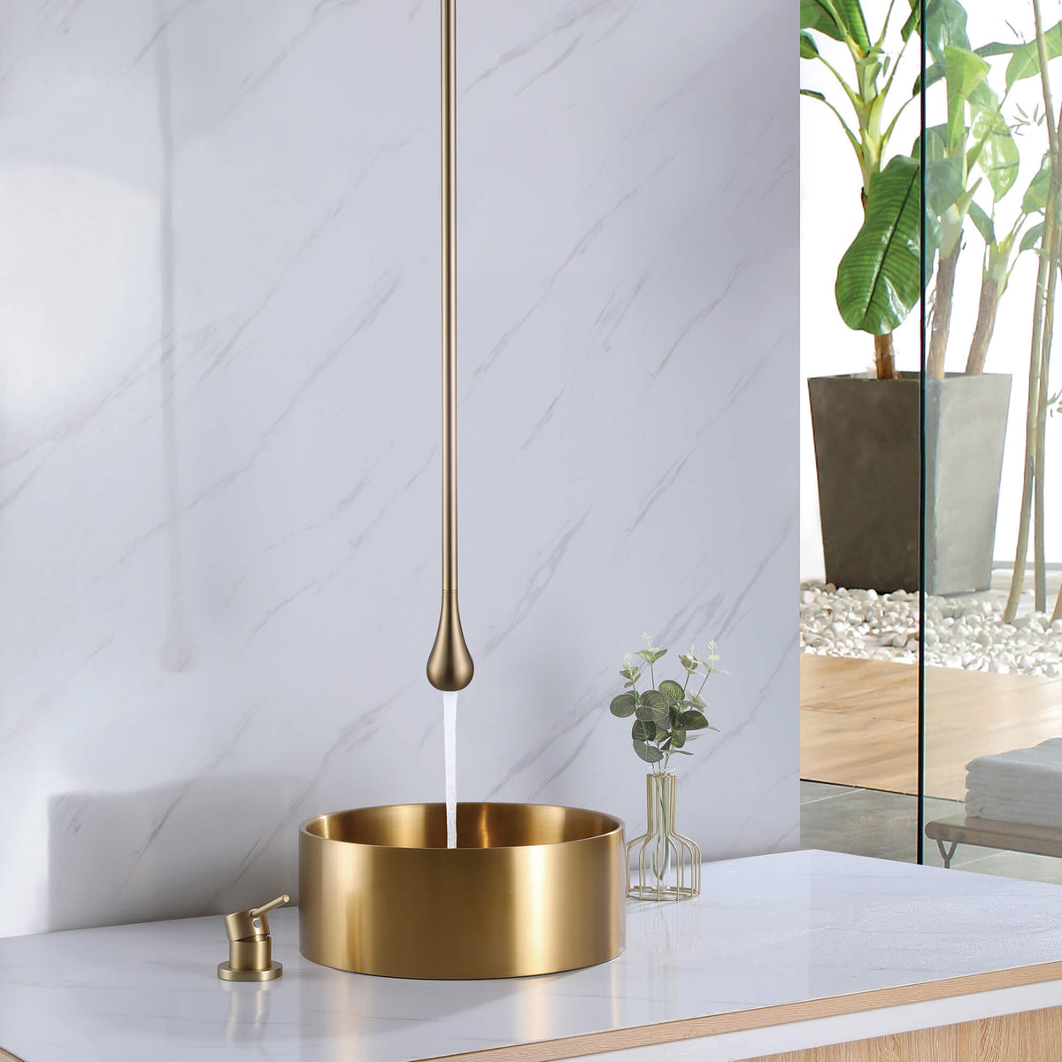 Ceiling-Mounted Basin Faucet with Floating Drop-Shape Spout and Deck Control Valve