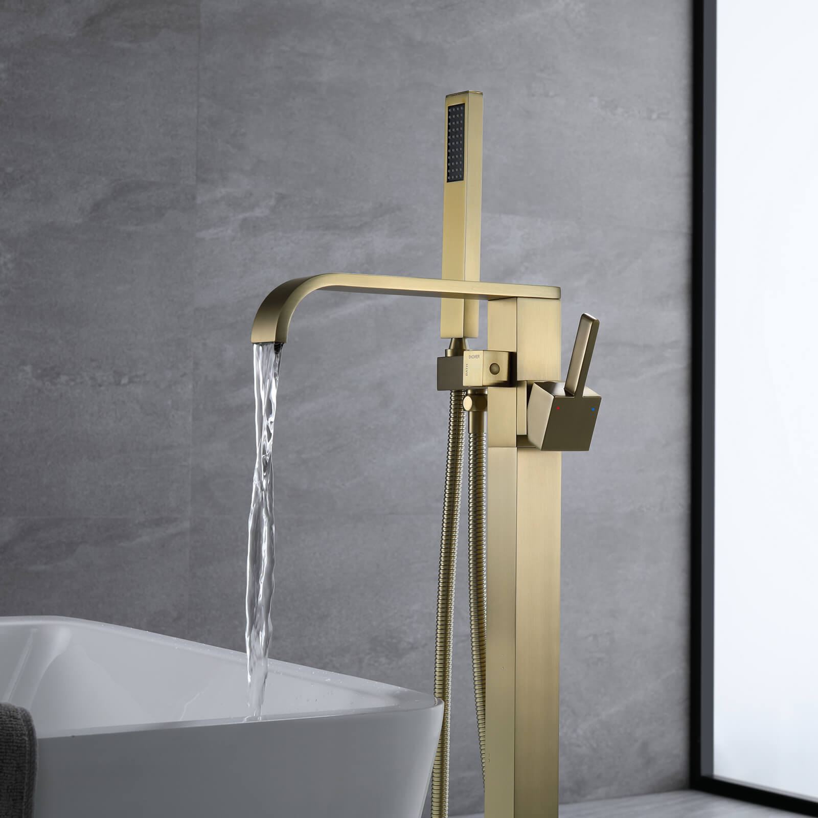 L-Shaped Waterfall Freestanding Tub Faucet with Hand Shower