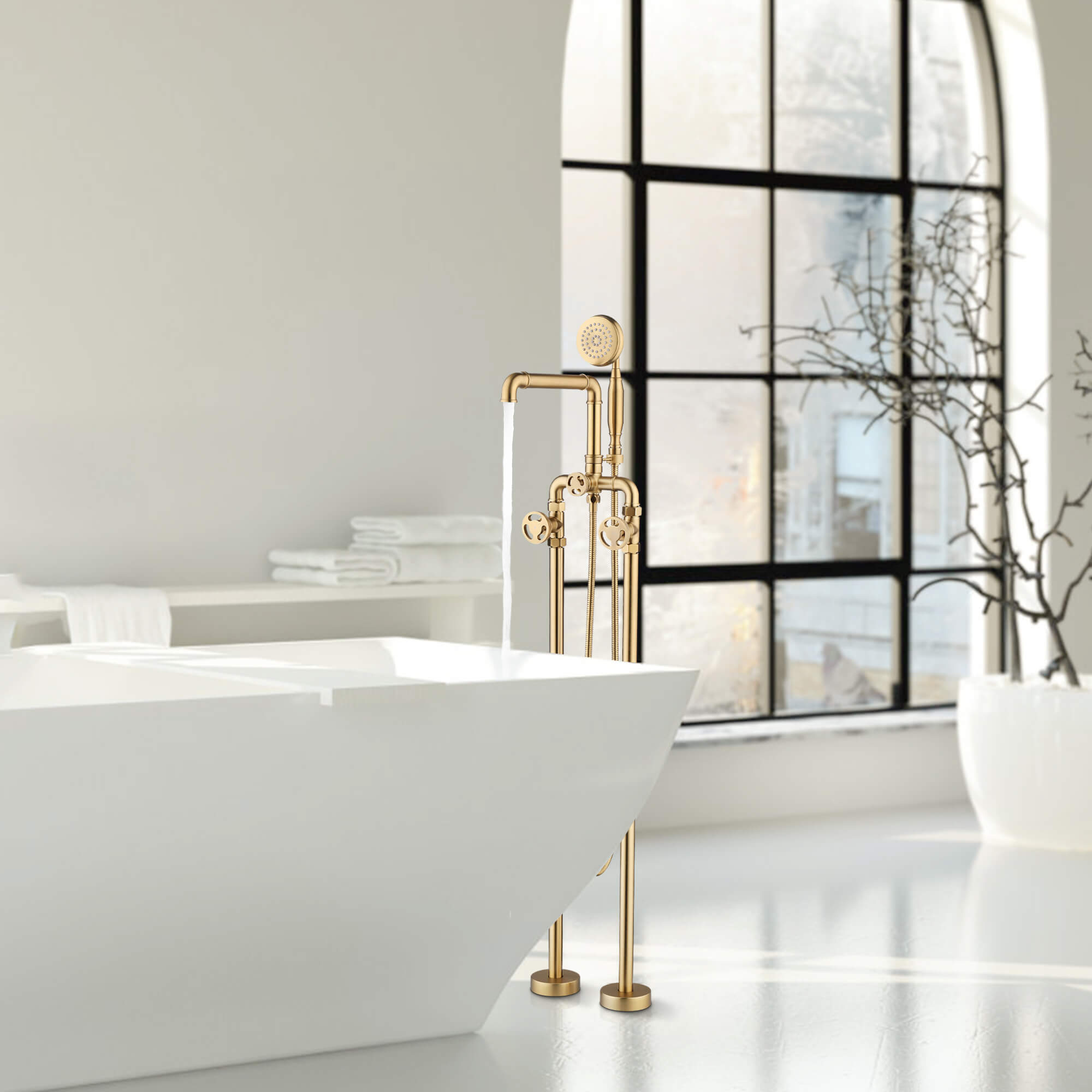 Industrial 3 Handles Freestanding Tub Faucet with Hand Shower | High-Flow 360° Swivel Spout