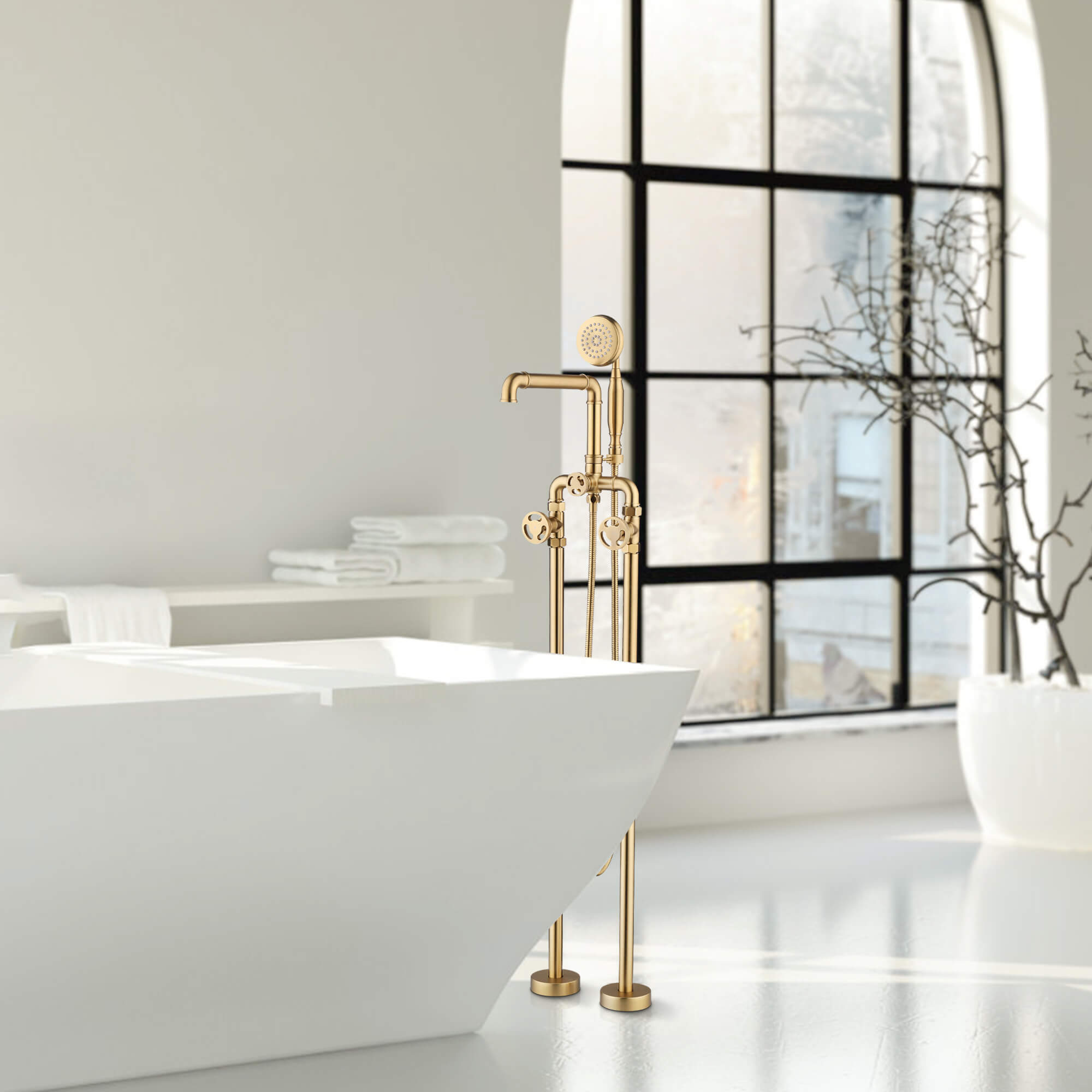 Industrial 3 Handles Freestanding Tub Faucet with Hand Shower | High-Flow 360° Swivel Spout