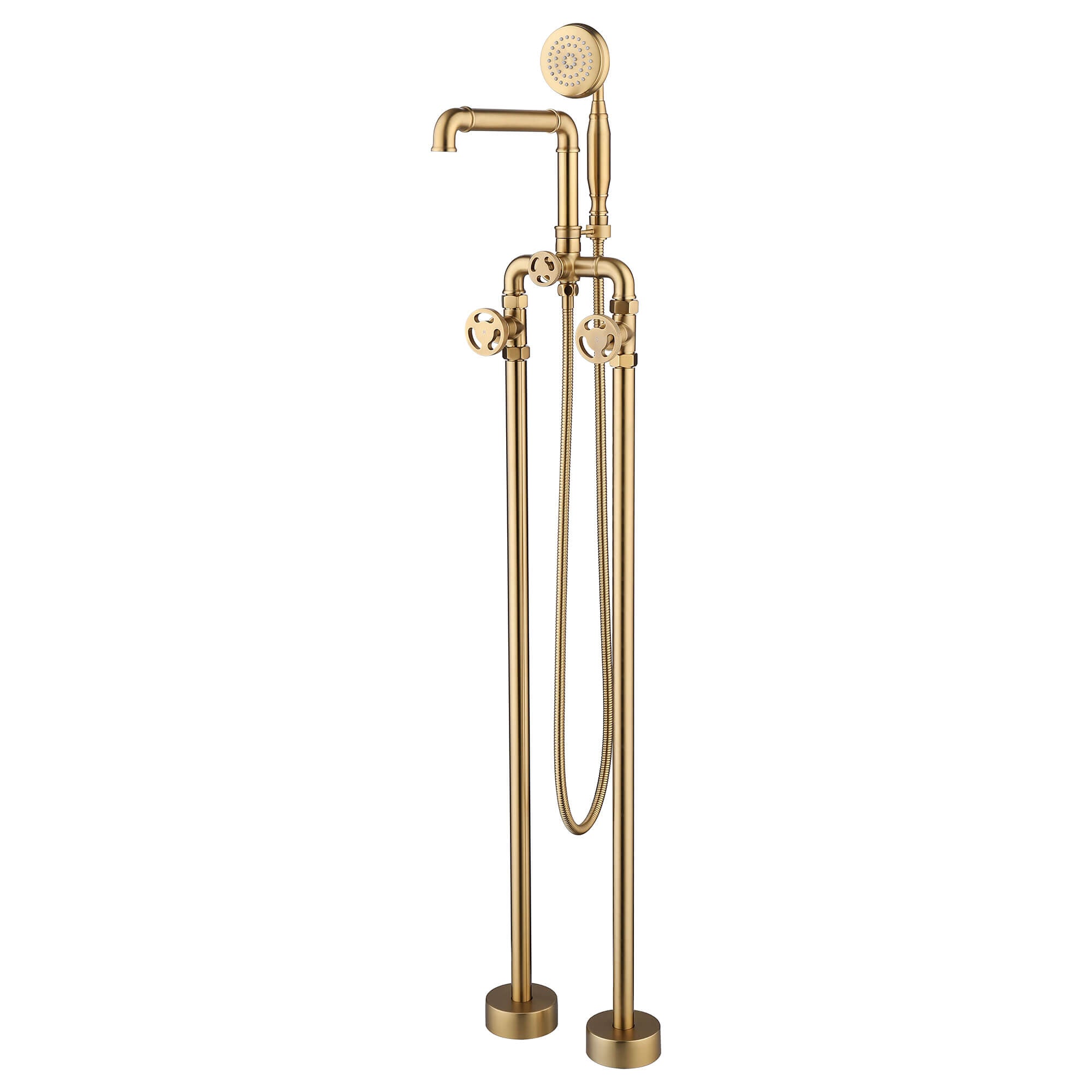 Industrial 3 Handles Freestanding Tub Faucet with Hand Shower | High-Flow 360° Swivel Spout