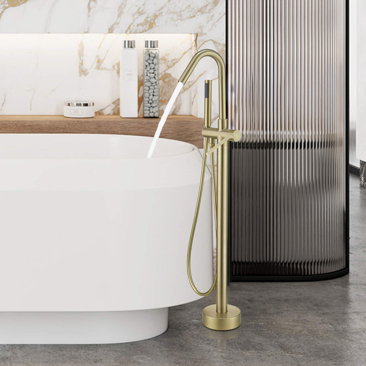 Freestanding Bathtub Faucet with 360° Swivel Spout and Handheld Sprayer