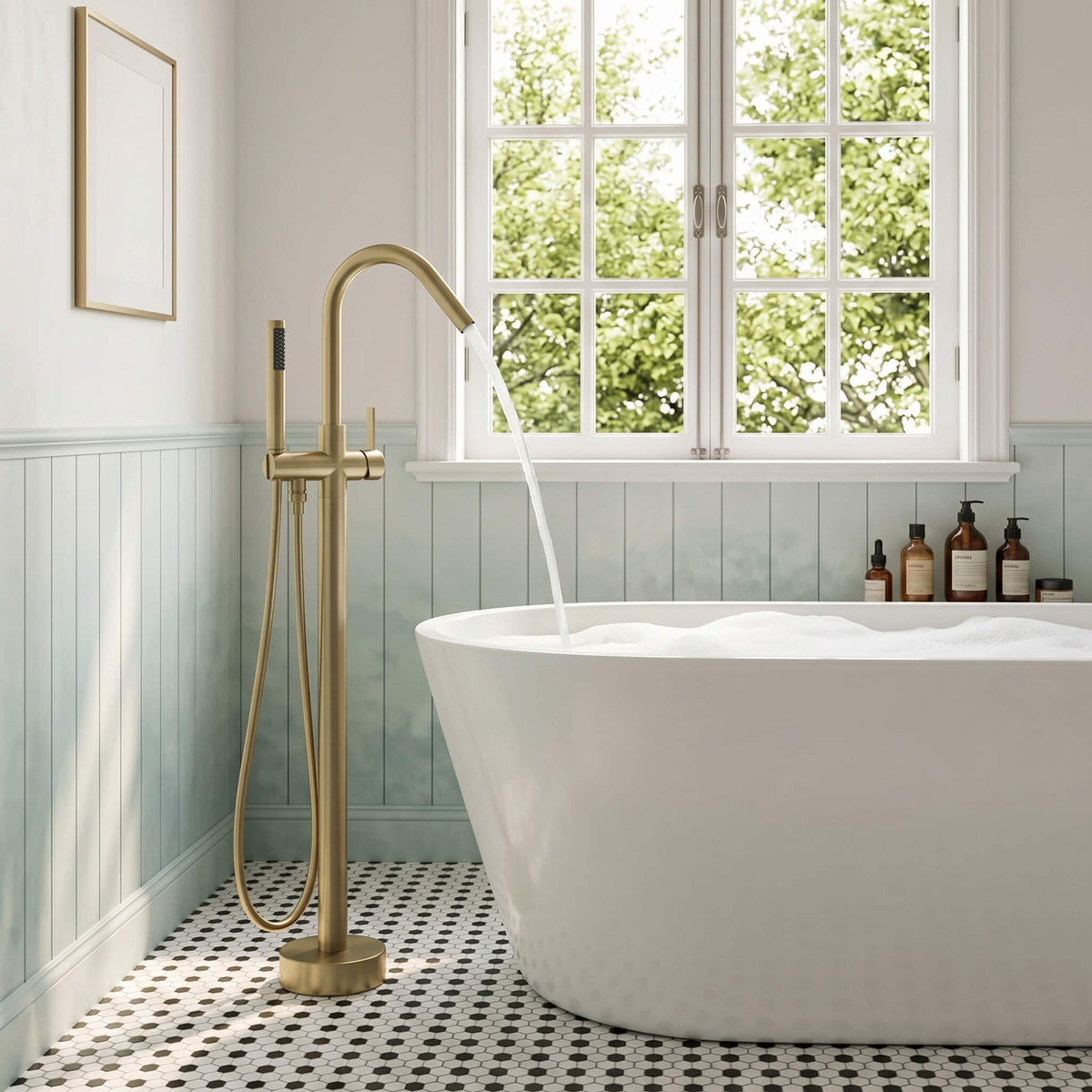 Freestanding Bathtub Faucet with 360° Swivel Spout and Handheld Sprayer