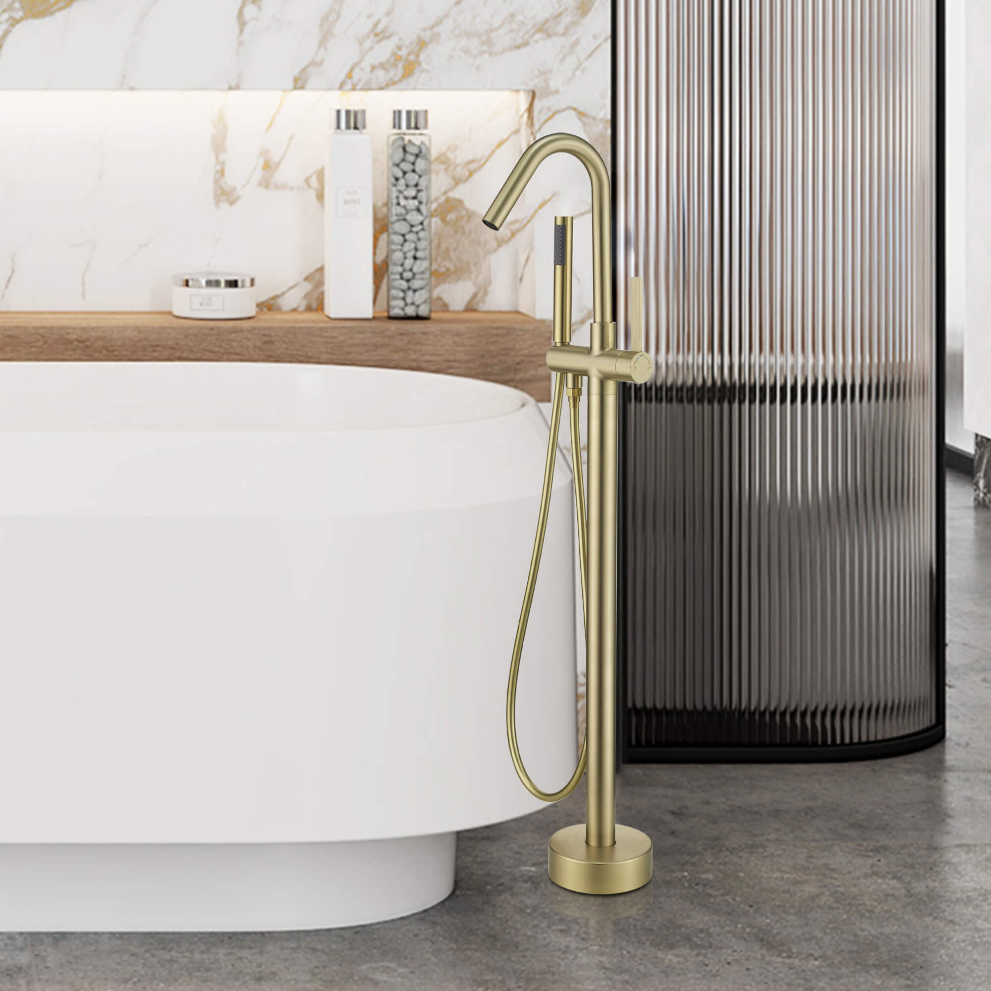 Freestanding Bathtub Faucet with 360° Swivel Spout and Handheld Sprayer