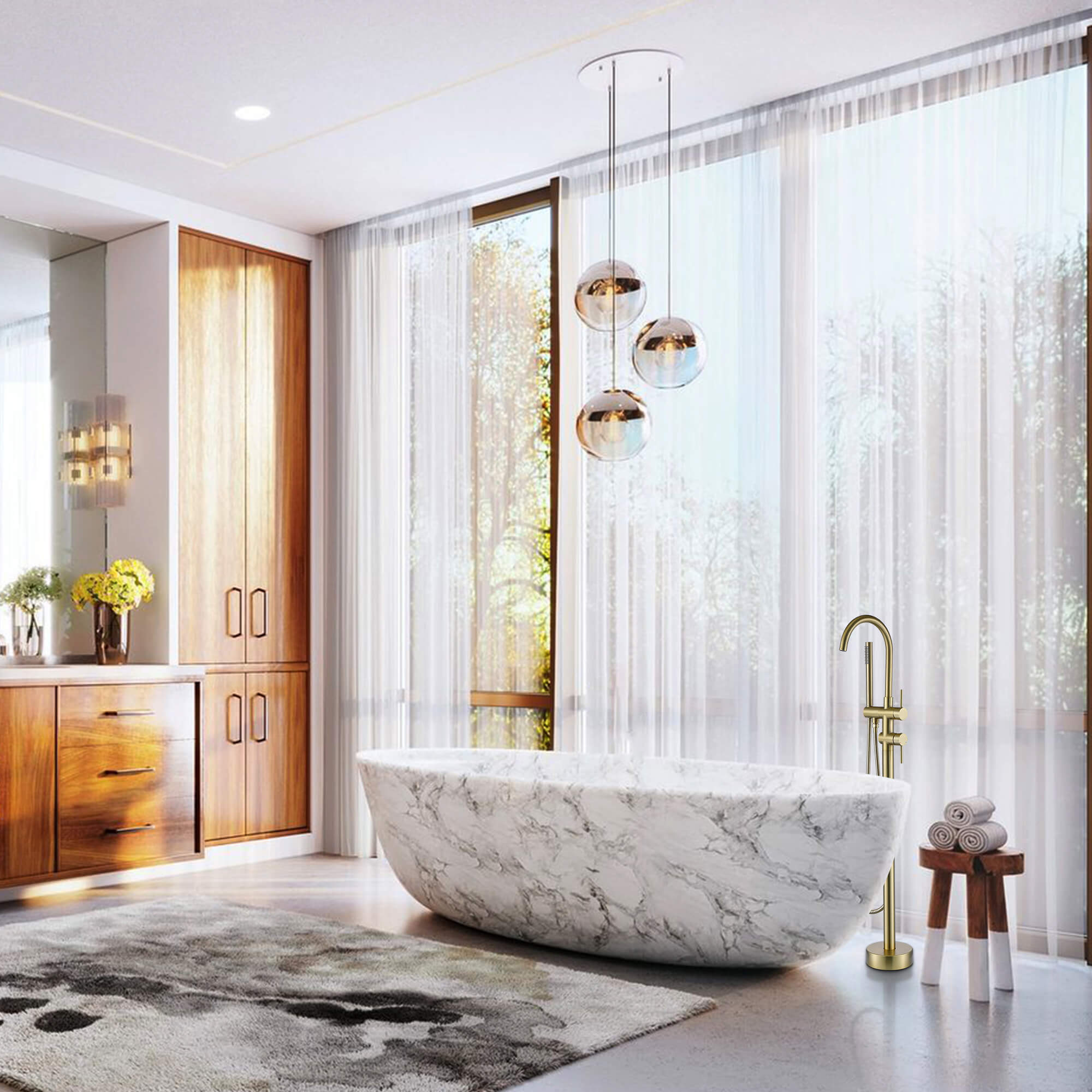 Graceful Arc Freestanding Tub Faucet with Handheld Shower & Dual Handle Control