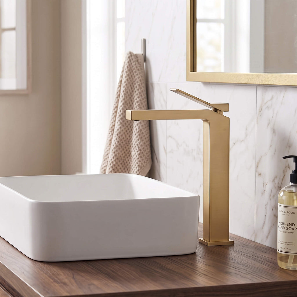 Minimalist Square Monolithic Single-Handle Tall Vessel Faucet