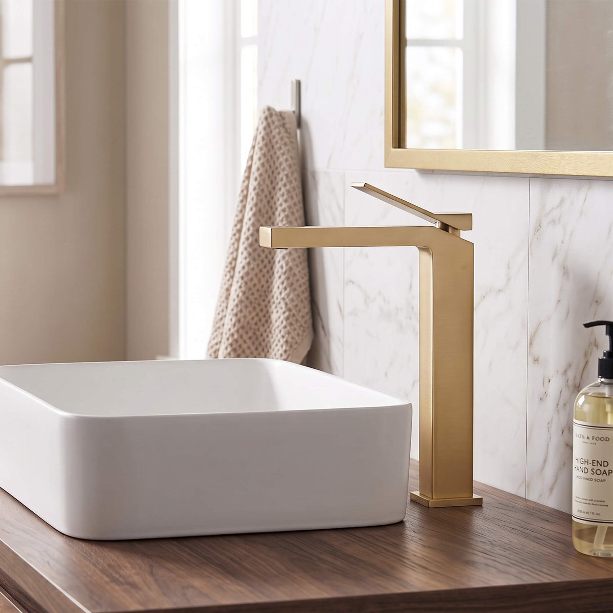 Minimalist Square Monolithic Single-Handle Tall Vessel Faucet