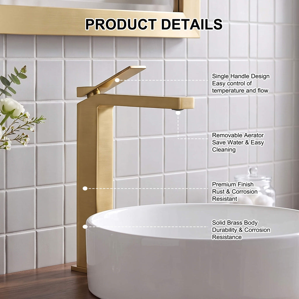 Minimalist Square Monolithic Single-Handle Tall Vessel Faucet