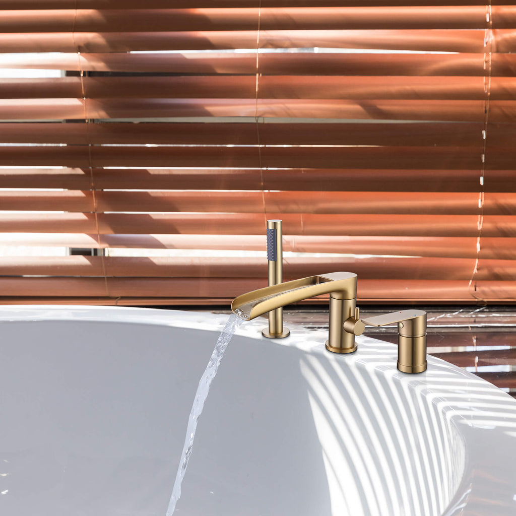 Modern Deck Mount Roman Tub Faucet with 360° Swivel Waterfall Spout & Hand Shower