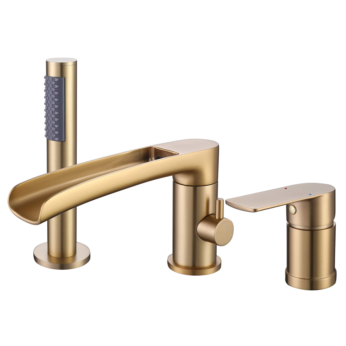 Modern Deck Mount Roman Tub Faucet with 360° Swivel Waterfall Spout & Hand Shower