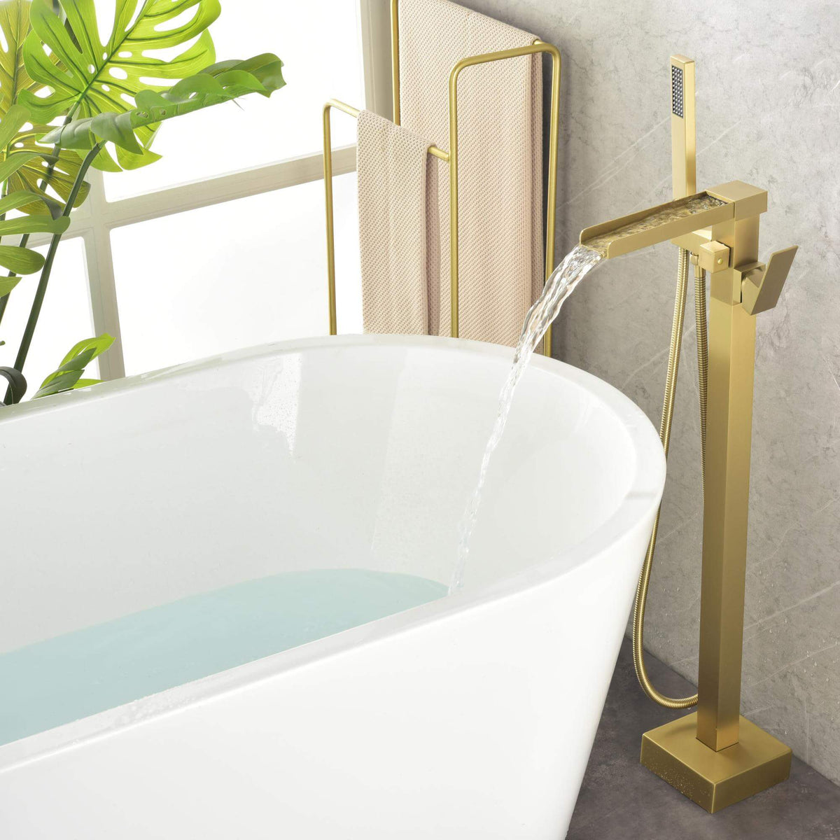 Cube Modern Solid Brass Freestanding Tub Filler Faucet with Hand Shower