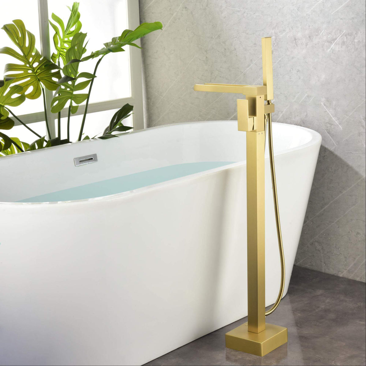 Cube Modern Solid Brass Freestanding Tub Filler Faucet with Hand Shower
