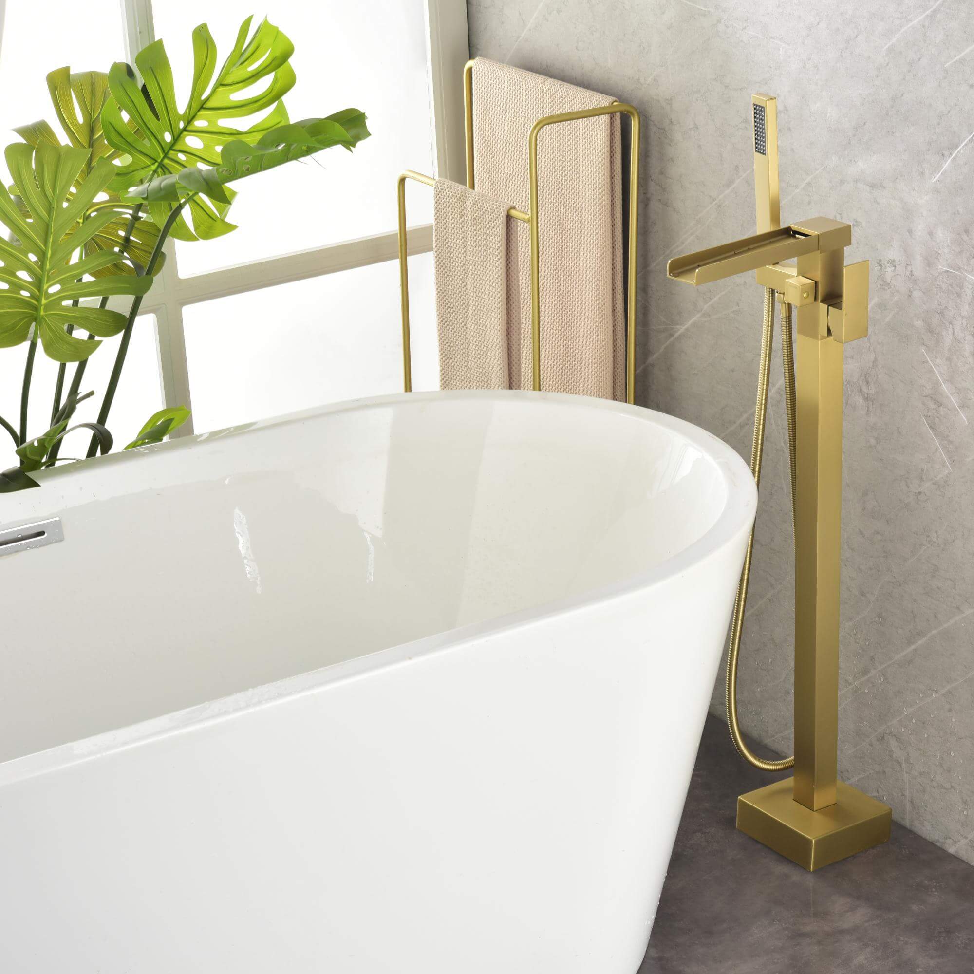Cube Modern Solid Brass Freestanding Tub Filler Faucet with Hand Shower