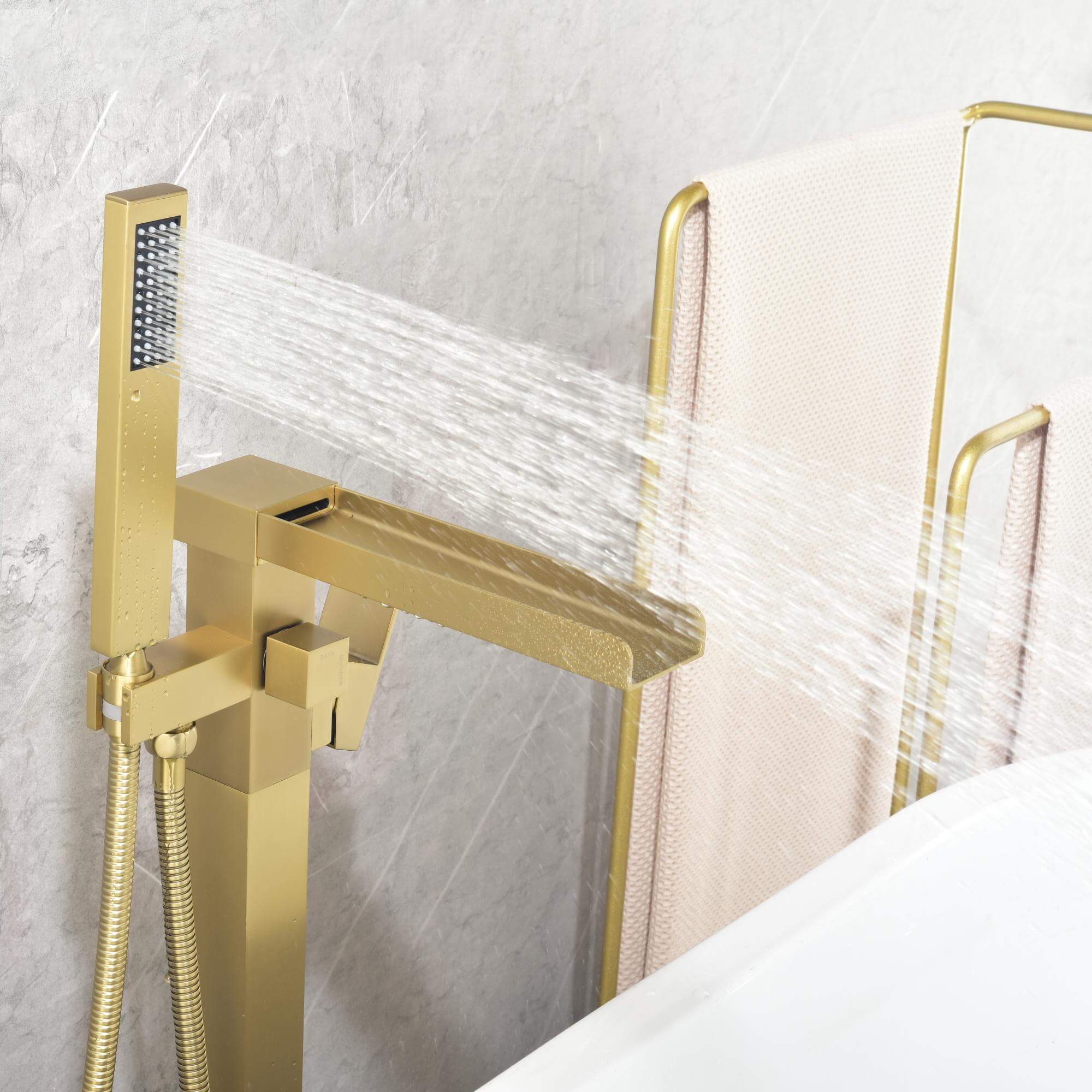 Cube Modern Solid Brass Freestanding Tub Filler Faucet with Hand Shower