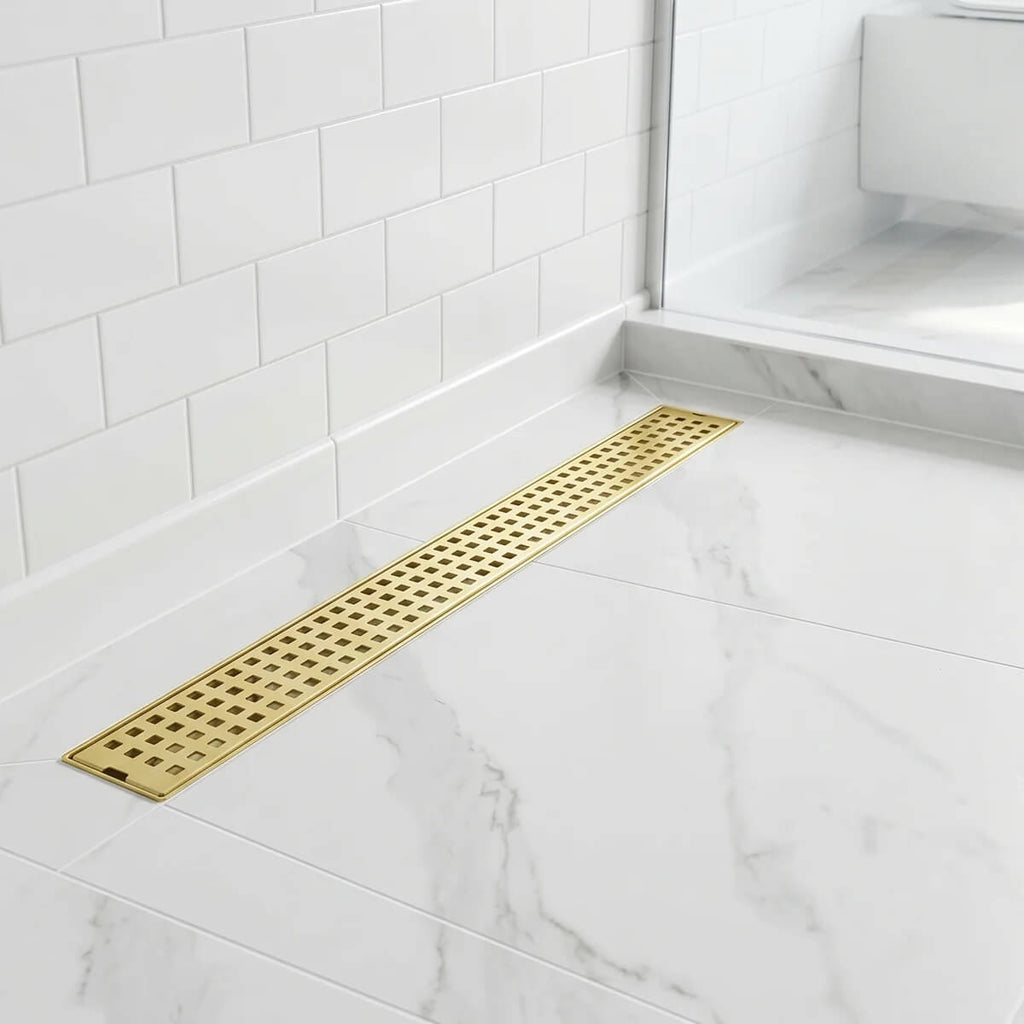 Modern Linear Grid Shower Drain with Removable Anti-Clog Hair Strainer Basket