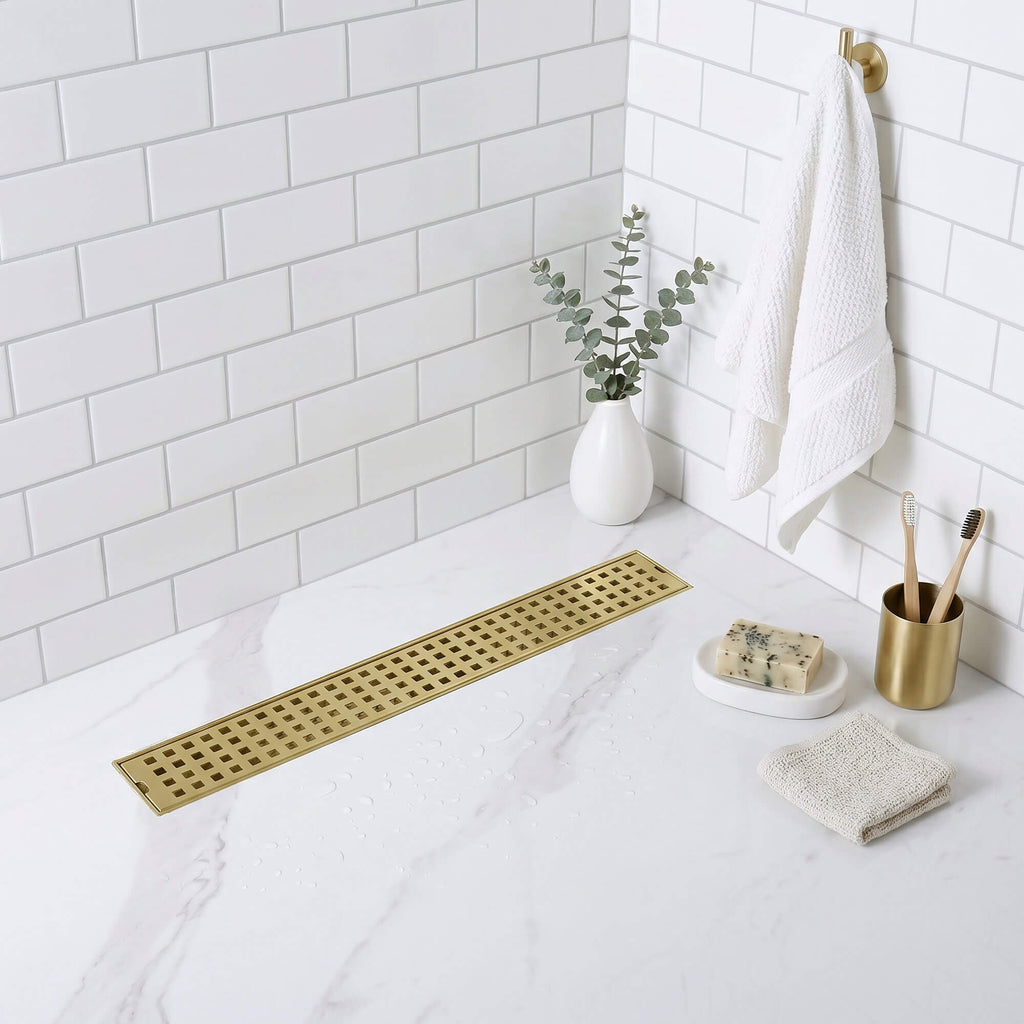Modern Linear Grid Shower Drain with Removable Anti-Clog Hair Strainer Basket