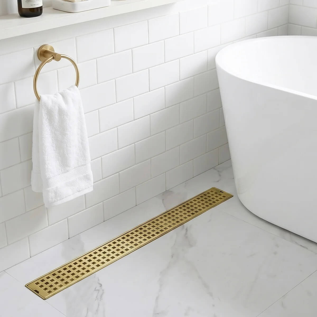 Modern Linear Grid Shower Drain with Removable Anti-Clog Hair Strainer Basket