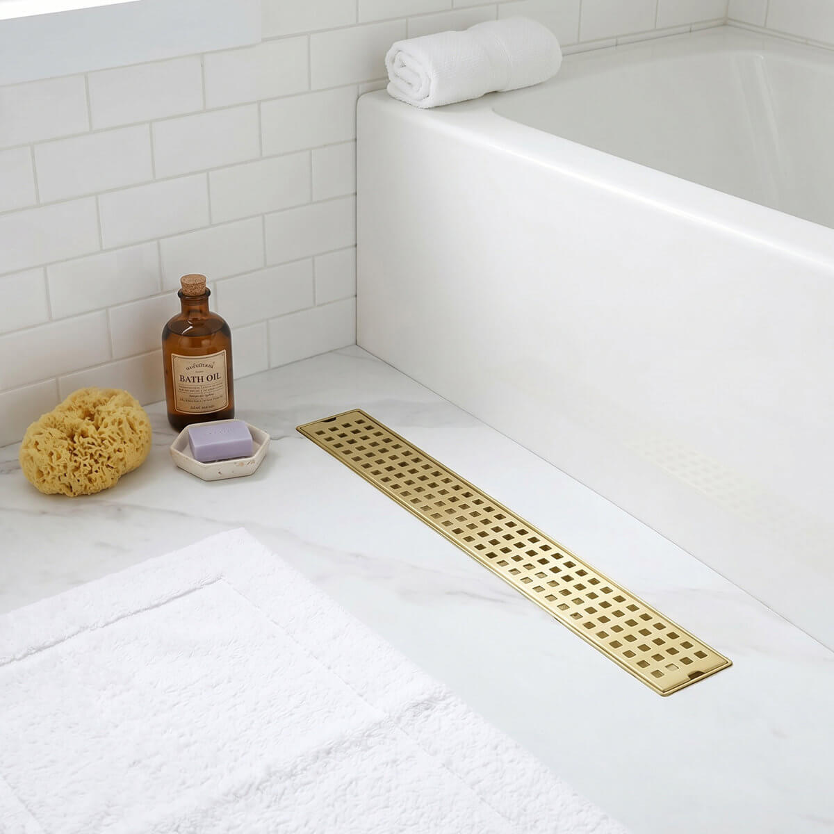 Modern Linear Grid Shower Drain with Removable Anti-Clog Hair Strainer Basket