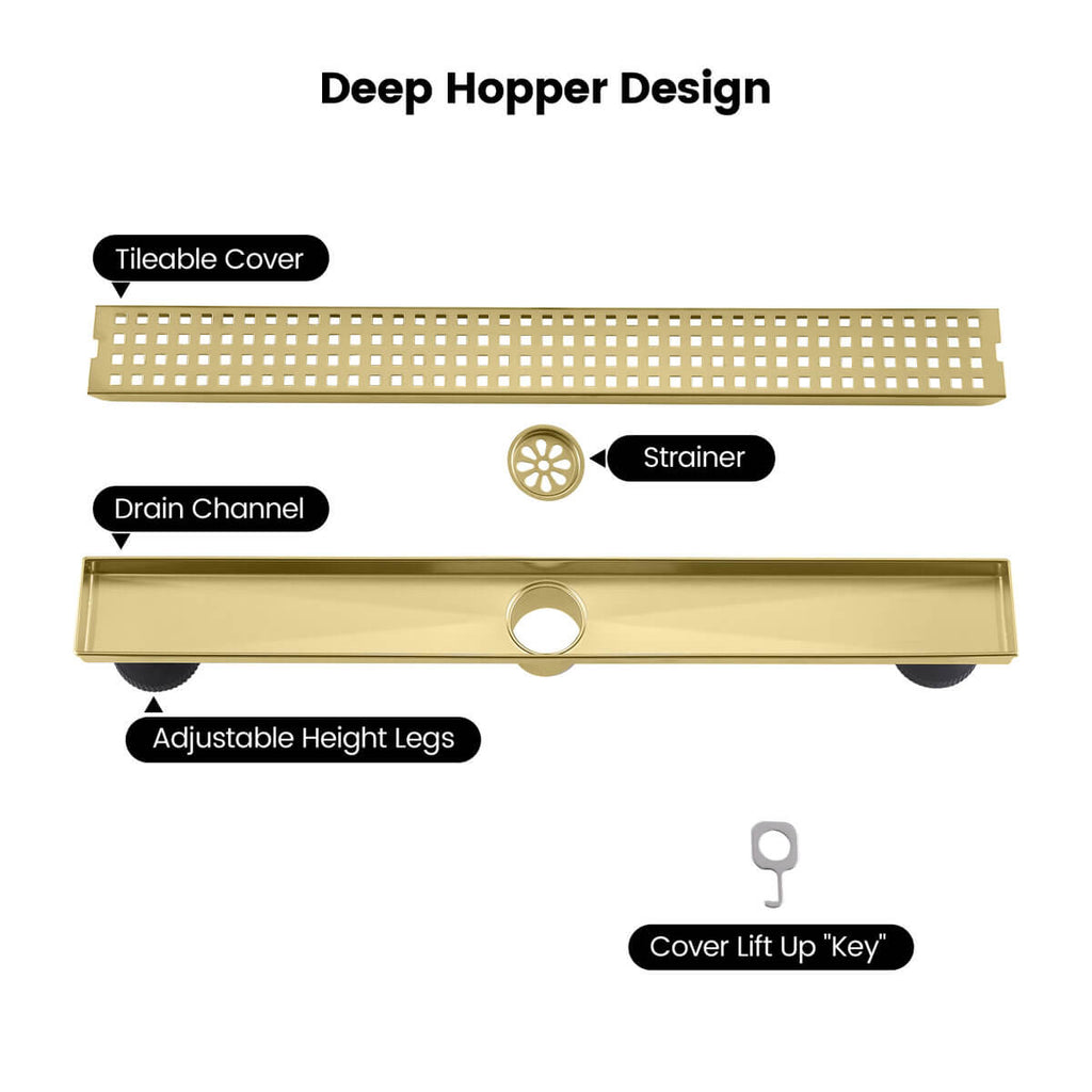 Modern Linear Grid Shower Drain with Removable Anti-Clog Hair Strainer Basket
