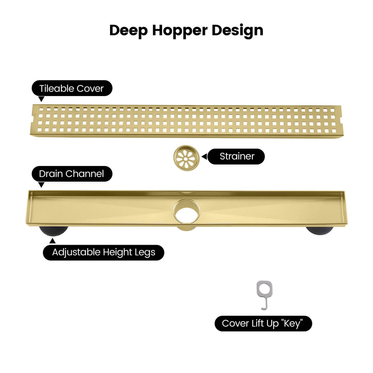 Modern Linear Grid Shower Drain with Removable Anti-Clog Hair Strainer Basket