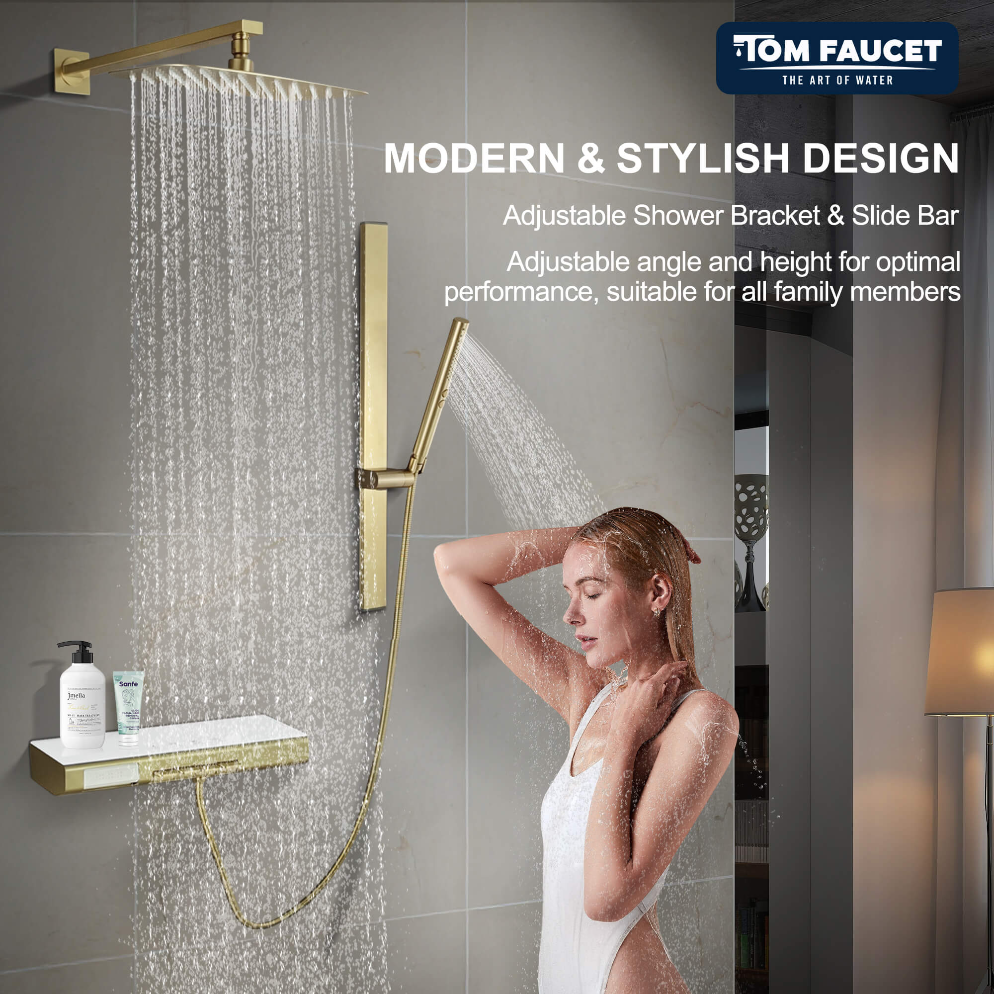 Multi-Functional Embedded Shower System Set with Piano Key Buttons and Integrated Storage Shelf