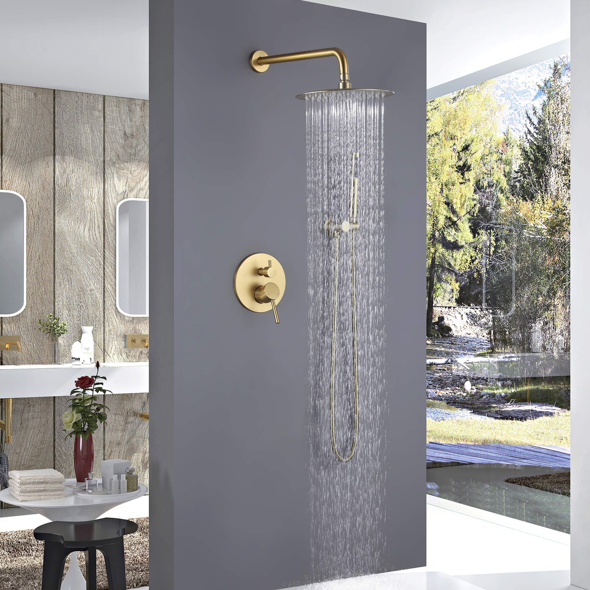 Minimalist  Pressure-Balanced Dual-Head Shower System with Swivel Rain Head