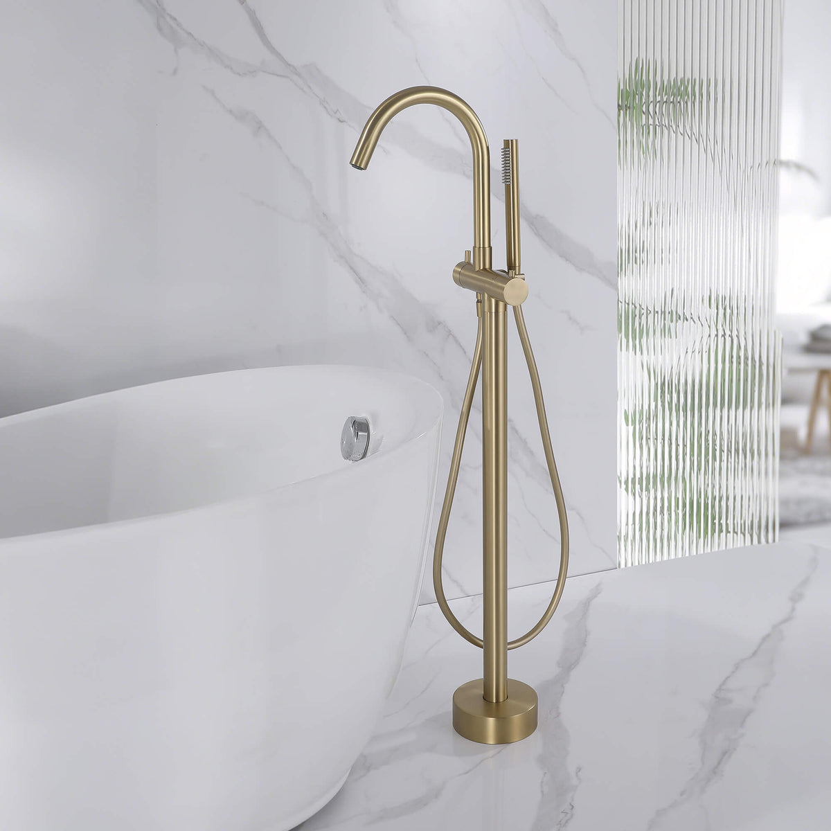 316 Stainless Steel Gooseneck Freestanding Tub Faucet with Thermostatic Control & High-Flow Spout