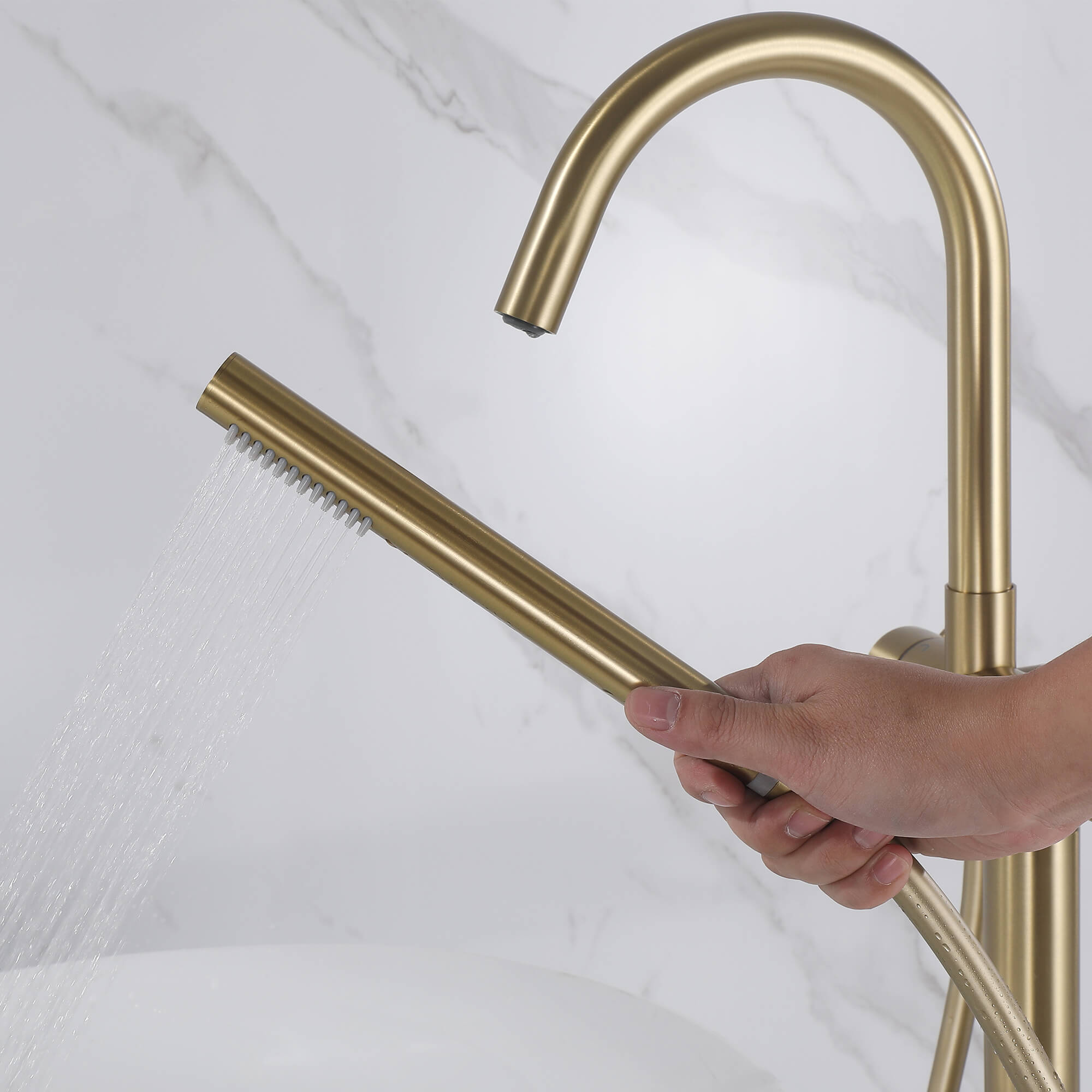 316 Stainless Steel Gooseneck Freestanding Tub Faucet with Thermostatic Control & High-Flow Spout