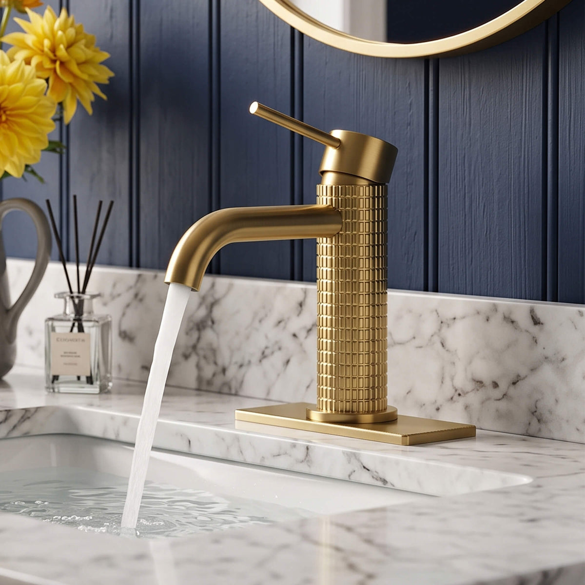 6.44" Brass Single Hole Bathroom Sink Faucet with Deck Plate Extended Spout