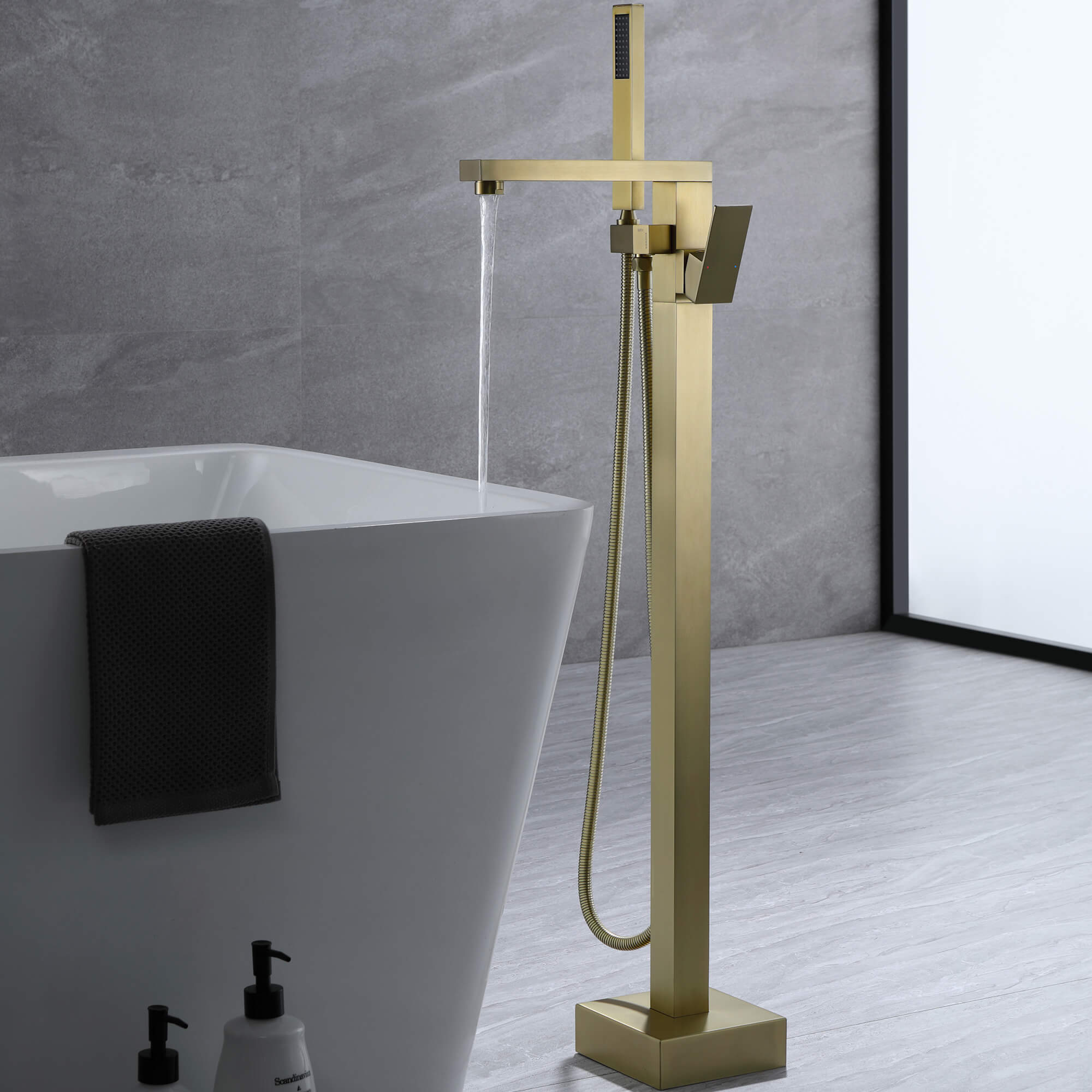 360° Swivel Cube Freestanding Tub Faucet with Hand Shower Single Handle